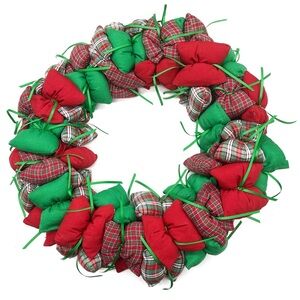 Vintage Rare Puff Pillow Wreath Plaid Christmas Holiday Door Decoration